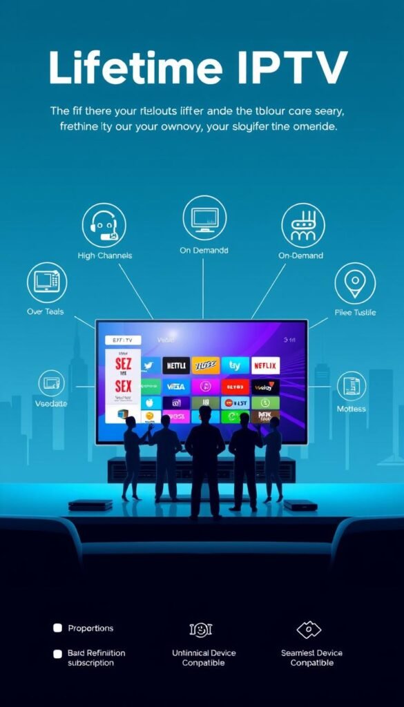 A sleek, modern illustration showcasing the benefits of a lifetime IPTV subscription from Hoxtoon Provider. In the foreground, a sophisticated smart TV displays a vibrant, high-definition streaming interface. Surrounding it, a series of floating icons representing key features like unlimited channels, on-demand content, and seamless device compatibility. In the middle ground, a group of stylized human figures, each gesturing towards the TV, conveying the ease and convenience of the service. The background features a minimalist cityscape, hinting at the global accessibility of the IPTV platform. The overall scene is bathed in a cool, futuristic lighting, evoking a sense of advanced technology and long-term value.