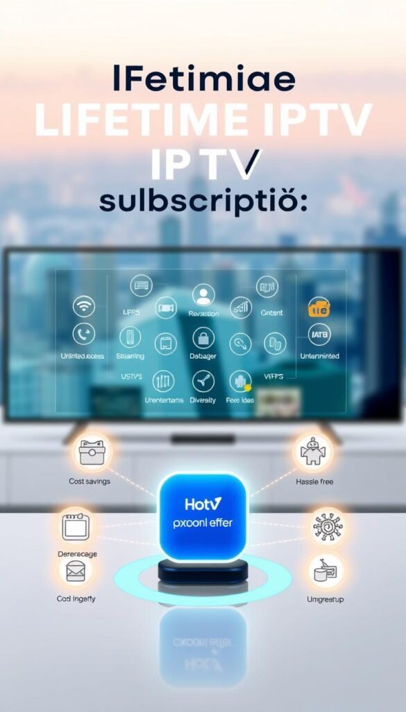 A sleek, modern illustration showcasing the benefits of a lifetime IPTV subscription. In the foreground, a stylized icon representing the Hoxtoon Provider service, surrounded by glowing symbols denoting features like unlimited access, seamless streaming, and uninterrupted entertainment. In the middle ground, a clean and minimalist arrangement of icons and infographic elements highlighting key advantages such as cost savings, content diversity, and hassle-free setup. The background features a softly blurred cityscape, hinting at the global reach and connectivity of the IPTV service. The overall aesthetic conveys a sense of sophistication, reliability, and the value of a lifetime subscription to the Hoxtoon Provider IPTV platform.