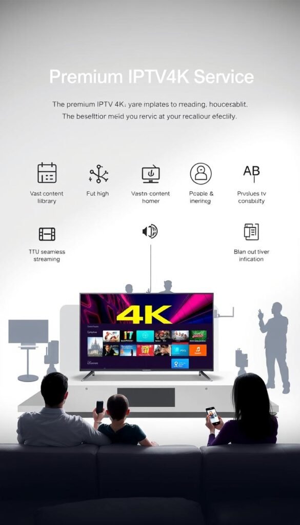 A sleek, modern illustration showcasing the benefits of a premium IPTV4K service from Hoxtoon Provider. In the foreground, a 4K television displays vibrant, ultra-high-definition content, surrounded by icons representing features like a vast content library, seamless streaming, and reliable connectivity. The middle ground features silhouettes of users enjoying the service on various devices, from smart TVs to mobile phones, conveying the versatility and accessibility. The background is a minimalist, gradient-based design, lending an air of sophistication and technological prowess. Soft, directional lighting illuminates the scene, creating depth and emphasizing the premium quality of the Hoxtoon Provider IPTV4K service.