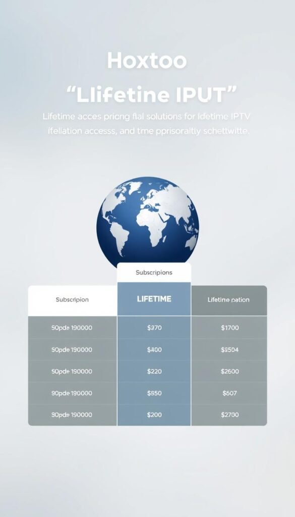 A sleek, modern illustration showcasing the lifetime pricing plans offered by the Hoxtoon Provider for IPTV services worldwide. In the foreground, a clean and minimalistic table displays the various subscription tiers, highlighting the lifetime access options in bold. The middle ground features a globe with continents delineated, indicating the global reach of Hoxtoon's IPTV services. The background is a softly blurred gradient, creating a sense of depth and focus on the key pricing information. The overall mood is one of professionalism, clarity, and the value proposition of a lifetime IPTV solution.
