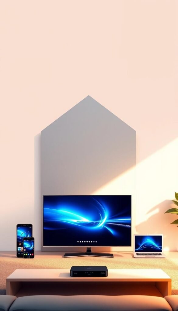 A sleek, modern illustration showcasing the multi-device compatibility of the Hoxtoon IPTV provider. In the foreground, a sophisticated smart TV displays vivid, high-quality video, surrounded by a collection of devices including a smartphone, tablet, and laptop, all seamlessly connected and streaming content. The middle ground features a minimalist, geometric design aesthetic with clean lines and subtle gradients, while the background is a softly blurred, ethereal space, conveying a sense of technological harmony and effortless accessibility. Warm, natural lighting illuminates the scene, creating a welcoming and inviting atmosphere. The overall composition emphasizes the versatility, reliability, and user-friendly nature of the Hoxtoon IPTV service across multiple devices.