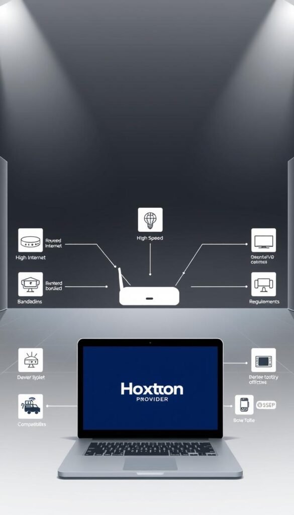 A sleek, modern illustration showcasing the technical requirements for optimal IPTV performance. In the foreground, a stylized laptop or tablet displays the Hoxtoon Provider logo, representing the IPTV service. Arranged neatly around it are icons and infographic elements depicting high-speed internet, router specifications, bandwidth requirements, device compatibility, and other key technical details. The middle ground features a minimalist, monochromatic backdrop with subtle grid lines, conveying a sense of digital infrastructure. The lighting is crisp and evenly distributed, highlighting the clean, professional aesthetic. The overall mood is one of efficiency, clarity, and technological sophistication, setting the stage for the "Technical Requirements for Optimal IPTV Performance" section of the article.