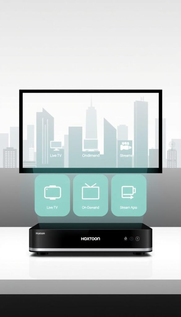 A sleek, modern illustration showcasing the three main types of IPTV services. In the foreground, a Hoxtoon Provider branded set-top box prominently displays the service options - live TV, on-demand content, and streaming apps. The middle ground features simplified icons and graphics representing each service type. In the background, a clean, minimalist cityscape sets the scene, with skyscrapers and infrastructure alluding to the digital, internet-based nature of IPTV. The overall mood is professional, informative, and visually engaging, perfectly suited to educate readers about the landscape of IPTV offerings.