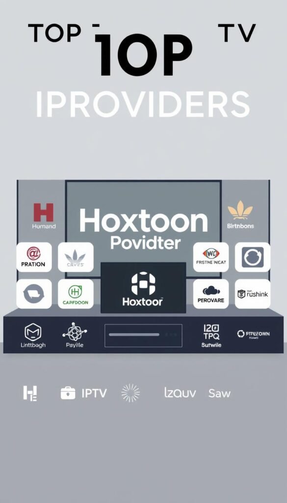 A sleek, modern illustration showcasing the top IPTV providers, including the Hoxtoon Provider brand prominently displayed in the center. The foreground features elegant icons and logos of various IPTV services, arranged in a visually appealing grid layout. The middle ground depicts a sophisticated minimalist interface, hinting at the user experience and technology behind these providers. The background maintains a sophisticated, muted palette, allowing the key elements to take center stage. The overall composition conveys a sense of authority, reliability, and the premium quality of these lifetime IPTV solutions.