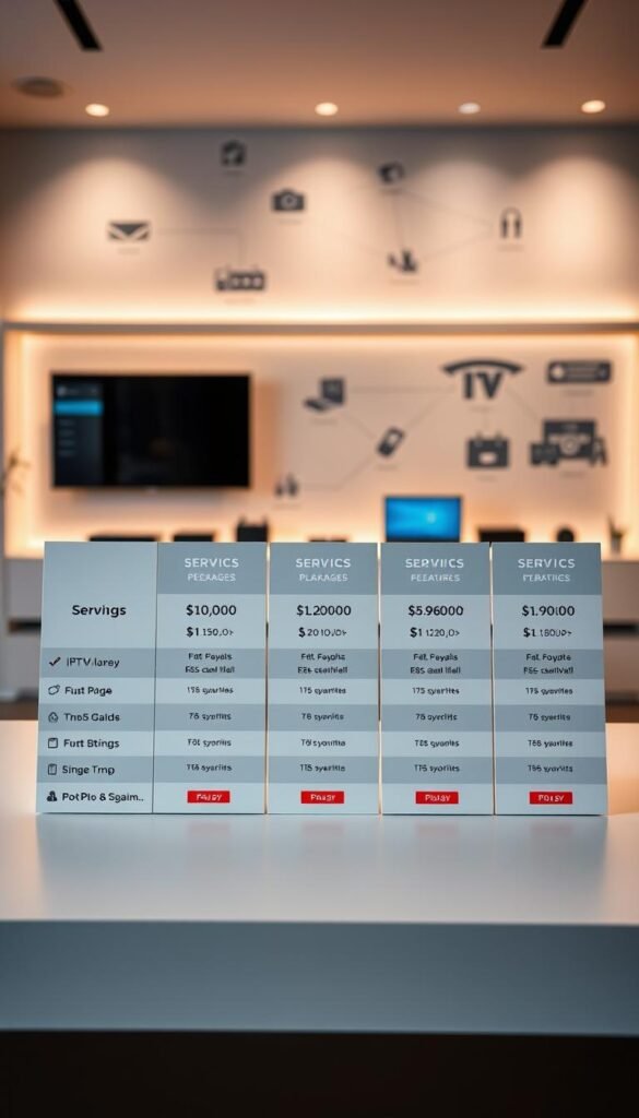 A sleek, modern image of IPTV subscription plans, showcasing the Hoxtoon Provider brand. A minimalist, well-lit table display features a range of service packages, each with clear pricing, features, and duration options. The foreground focuses on the plan details, while the middle ground shows elegant icons and infographic elements. The background is a soft, blurred scene of smart TVs, streaming devices, and a stylized network diagram, conveying the connectivity and technology behind the IPTV service. The overall tone is professional, informative, and visually appealing, drawing the viewer's attention to the key details of the Hoxtoon Provider IPTV subscription plans.