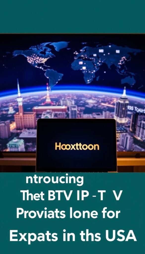 A sleek, modern image of the "Hoxtoon Provider" IPTV service for expats in the USA. The scene features a laptop or tablet prominently displaying the Hoxtoon logo and interface, set against a stylish backdrop of international cityscapes and satellite imagery. The lighting is soft and warm, creating a welcoming and professional atmosphere. The composition emphasizes the ease and convenience of accessing a wide range of international content through the Hoxtoon platform, tailored specifically for the needs of expats. The overall impression conveys reliability, quality, and a sense of being connected to home, reflecting the section title "Introducing Hoxtoon: The Best IPTV Provider for Expats in the USA".