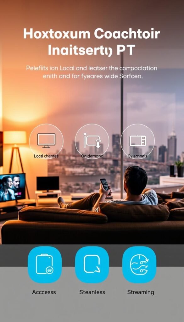A sleek, modern image showcasing the benefits of the Hoxtoon Provider IPTV service in Poland. In the foreground, a person comfortably lounging on a couch, remote in hand, surrounded by a variety of digital devices. The middle ground features stylized icons representing the service's key features: access to local and global TV channels, on-demand content, and seamless streaming. The background has a sophisticated cityscape, hinting at the service's wide availability. The lighting is warm and inviting, creating a cozy, high-tech atmosphere. The image conveys the convenience, entertainment, and connectivity offered by the Hoxtoon Provider IPTV service.