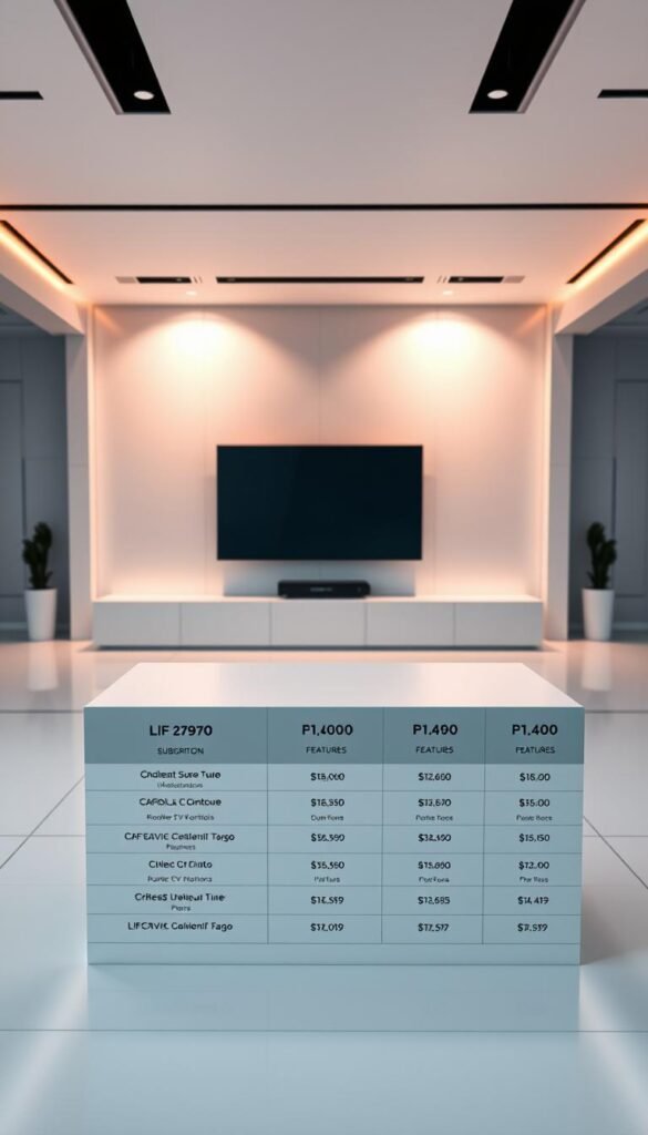 A sleek, modern image showcasing the lifetime IPTV server pricing plans of the Hoxtoon Provider. In the foreground, a minimalist table displays the various subscription tiers, highlighting the features and costs. The middle ground features a large display screen, casting a soft, warm glow on the pricing information. In the background, a clean, monochromatic environment with subtle geometric patterns creates a professional, high-tech atmosphere. The lighting is directional, casting strategic shadows to accentuate the table's details. The camera angle is slightly elevated, giving the viewer a sense of authority and confidence in the pricing structure. The overall mood is one of sophistication, clarity, and attention to detail.