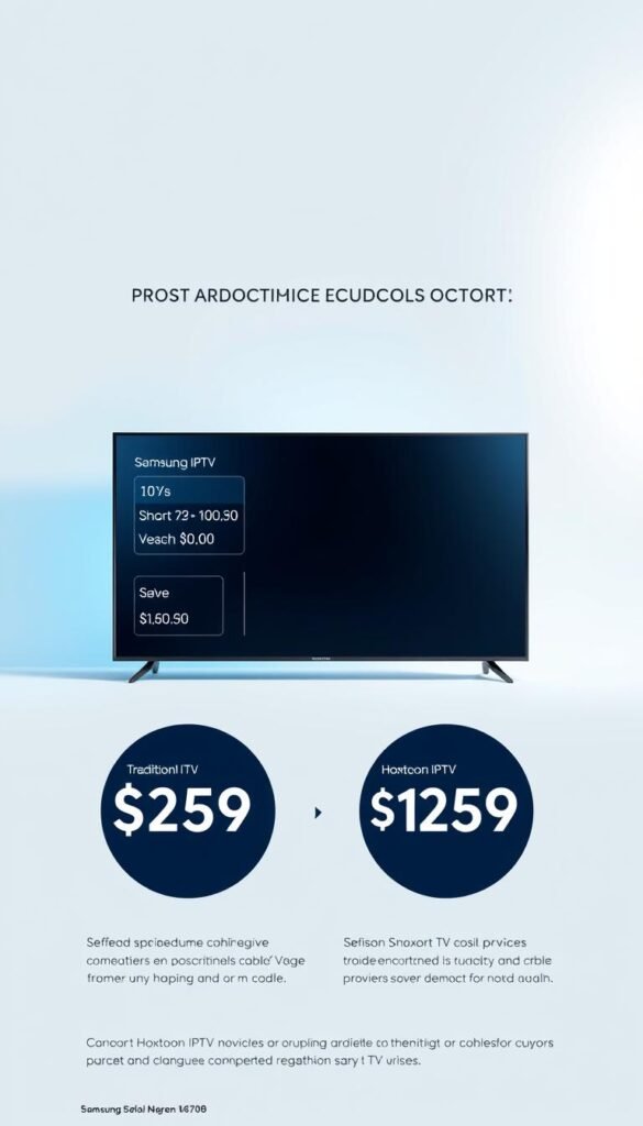 A sleek, modern infographic layout showcasing a cost comparison between traditional cable TV and the Hoxtoon IPTV provider. In the foreground, crisp data visualizations illustrate the price differences, with clean typography and intuitive icons. The middle ground features a large, high-resolution image of a Samsung smart TV, highlighting the seamless IPTV integration. The background has a subtle gradient in shades of blue, evoking a sense of technology and innovation. The lighting is bright and directional, creating depth and emphasizing the key elements. The overall mood is professional, informative, and visually compelling, perfectly suited to accompany the article section on the advantages of IPTV over traditional cable for Samsung TV users.