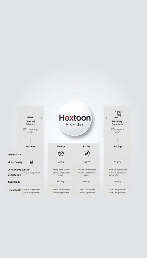 A sleek, modern infographic presenting a feature comparison for different IPTV service providers. The layout features clean lines, minimalist iconography, and subtle color accents. In the center, the Hoxtoon Provider logo stands out prominently, surrounded by columns detailing key features like channel selection, video quality, device compatibility, and pricing. The background is a soft, gradient-based design in complementary tones, creating a professional, high-tech ambiance. Crisp lighting and a slightly angled perspective lend depth and visual interest to the overall composition.