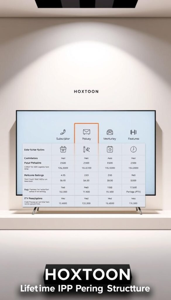 A sleek, modern infographic showcasing the IPTV pricing structure of the Hoxtoon Provider. In the foreground, a clean grid layout displays the various subscription tiers, with clear pricing details and feature descriptions. The middle ground features minimalist icons and stylized graphics that visually represent the service offerings. The background is a soft, gradient-based color scheme, creating a professional and elegant atmosphere. Subtle use of lighting and camera angles emphasizes the structured, organized nature of the content. The overall composition strikes a balance between informative clarity and aesthetic appeal, making it an effective visual accompaniment to the "HOXTOON Lifetime IPTV Pricing Structure" section of the article.
