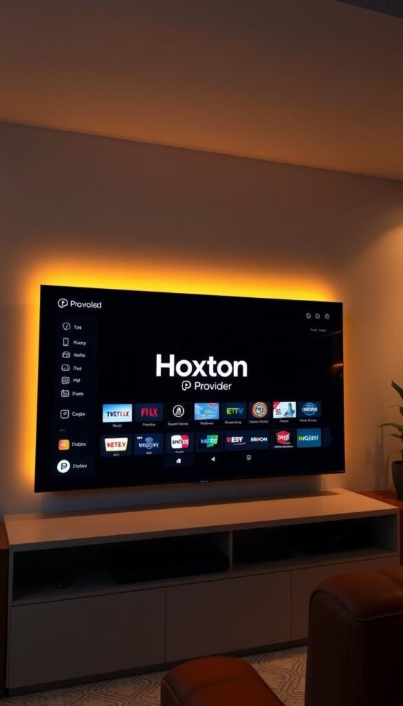 A sleek, modern interface displaying a personalized IPTV channel list on a high-resolution display. The layout features clean, minimalist design with sharp edges and subtle gradients. Prominent at the center is the "Hoxtoon Provider" brand logo, surrounded by a grid of customizable channel icons and program information. The screen is illuminated by warm, directional lighting, casting subtle shadows and highlights that enhance the depth and dimensionality of the scene. The overall mood is one of technological sophistication and user control, reflecting the advanced IPTV features being showcased.
