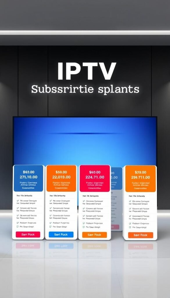 A sleek, modern interface displaying a variety of IPTV lifetime subscription plans from the Hoxtoon Provider, showcasing their pricing options and key features against a sophisticated backdrop. The plans are presented in a clean grid layout, with each plan card featuring detailed information such as channel count, supported devices, and money-back guarantees. The overall aesthetic conveys a sense of reliability, professionalism, and value, creating a visually appealing and informative representation of the IPTV lifetime subscription options.
