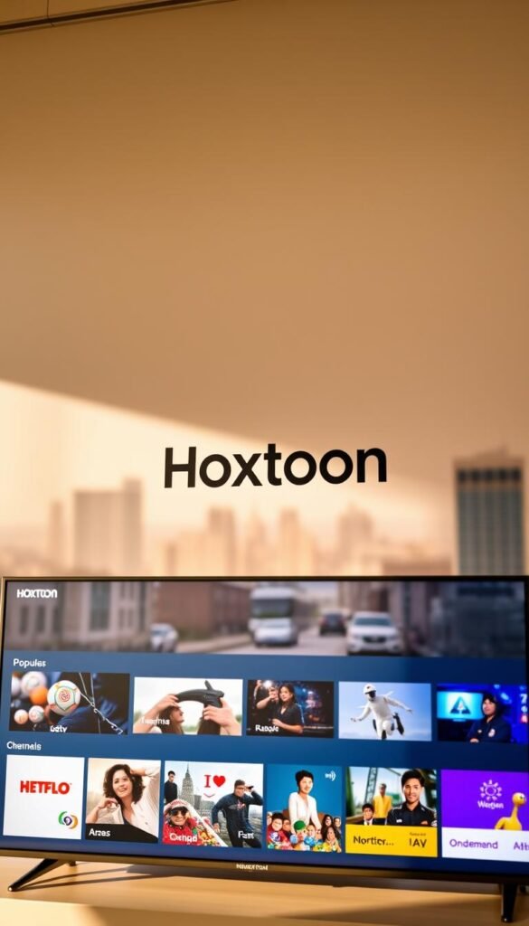 A sleek, modern interface for the Hoxtoon Provider IPTV service, showcased on a high-resolution display. The Hoxtoon logo prominently featured, surrounded by a clean, minimalist design aesthetic. In the foreground, a selection of popular live TV channels and on-demand content are displayed, inviting the viewer to explore the service's extensive library. The background features a subtle, blurred cityscape, conveying a sense of urban sophistication. Warm, natural lighting illuminates the scene, creating a visually appealing and inviting atmosphere. The overall composition emphasizes the user-friendly and reliable nature of the Hoxtoon Provider IPTV service.