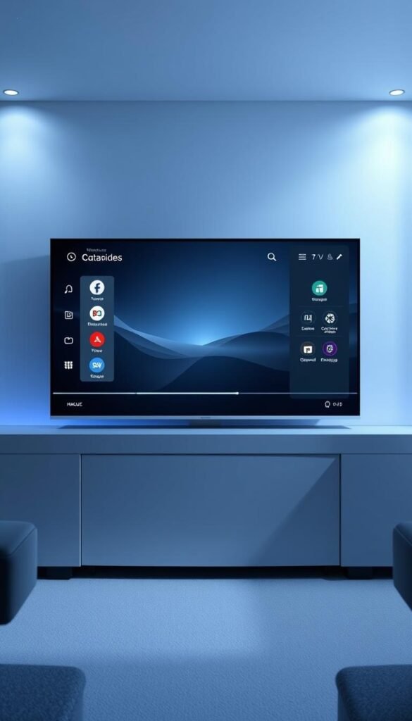 A sleek, modern interface for the Hoxtoon Provider IPTV service, showcasing a clean layout with intuitive icons and menus. The display features a large video player in the center, surrounded by options for live TV channels, on-demand content, and user settings. Soft blue and gray tones create a calming atmosphere, while subtle lighting highlights the sharp edges and minimalist design. The layout is balanced and responsive, optimized for both desktop and mobile use. An elegant and user-friendly experience that embodies the Hoxtoon Provider brand.
