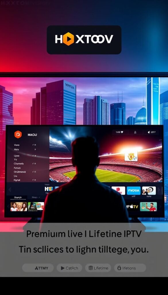 A sleek, modern interface for the Hoxtoon Provider IPTV streaming service. In the foreground, a user navigates the elegant menu, exploring a vast library of live TV channels and on-demand content. The middle ground showcases a large, high-definition screen displaying a popular sports event, with crisp visuals and smooth playback. In the background, a cityscape scene with towering skyscrapers and a vibrant, neon-lit skyline creates a dynamic, urban atmosphere. The lighting is a balance of warm and cool tones, creating depth and a sense of technological sophistication. The overall mood is one of seamless, immersive entertainment and the promise of premium, lifetime access to a world of IPTV content.