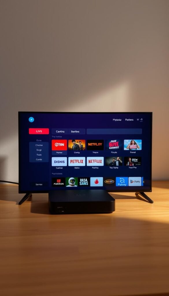 A sleek, modern interface for the Hoxtoon Provider lifetime free IPTV box, showcasing a clean grid layout of channels and on-demand content. The UI is characterized by a dark theme with vibrant accents, minimalist icons, and intuitive navigation. The device is positioned on a wooden surface, illuminated by soft, diffused lighting that creates a warm, inviting atmosphere. The screen displays a wide selection of live TV channels and popular streaming services, conveying the comprehensive capabilities of the Hoxtoon Provider box. The overall scene exudes a sense of simplicity, functionality, and the promise of a seamless, lifetime free IPTV experience.