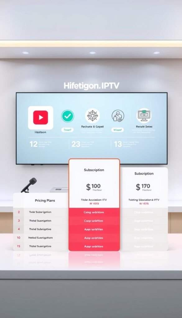 A sleek, modern interface showcasing Hoxtoon Provider's lifetime IPTV pricing plans. In the foreground, a minimalist table displays the tiered subscription options, highlighted by clean typography and strategic use of contrasting colors. The middle ground features stylized icons and infographic elements, conveying the value proposition and key features. In the background, a soft, gradient-based backdrop sets a professional, high-tech atmosphere, complementing the Hoxtoon brand identity. Balanced lighting and a slightly elevated camera angle create a sense of depth and visual interest. The overall composition communicates a clear, comprehensive overview of the IPTV pricing structure in a visually appealing and informative manner.