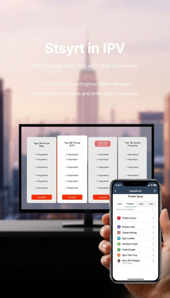 A sleek, modern interface showcasing the Hoxtoon Provider IPTV service's affordable pricing plans. The foreground displays a simple, clean layout with clear pricing tiers and features. The middle ground highlights a device, such as a smartphone or tablet, displaying the Hoxtoon app in use. In the background, a soft, gradient-based cityscape creates a sense of urban sophistication. The overall mood is one of accessibility, value, and a premium digital experience.