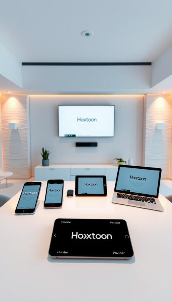 A sleek, modern interior with a minimalist aesthetic. In the foreground, a group of digital devices - smartphones, tablets, and a laptop - are neatly arranged on a clean, white table, showcasing the "Hoxtoon Provider" branding. The devices are positioned to suggest seamless multi-device support and connectivity. The middle ground features a large, high-resolution display mounted on the wall, displaying a clean, user-friendly interface. The background is a serene, softly-lit room with subtle textures on the walls, creating a calming, professional atmosphere. Warm, indirect lighting casts a gentle glow, highlighting the devices and creating depth and dimension. The overall composition conveys a sense of technological sophistication, reliable performance, and user-centric design.
