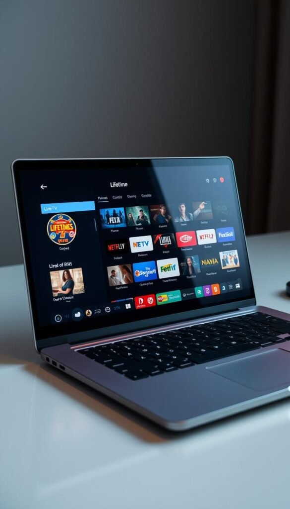 A sleek, modern laptop displaying a lifetime IPTV subscription interface from the Hoxtoon Provider, showcasing a diverse array of live TV channels, on-demand content, and intuitive navigation. The laptop is placed on a clean, minimalist desk with a subtle lighting setup, creating a sophisticated and inviting atmosphere. The screen reflects the user's engagement, hinting at the value and convenience of a lifetime IPTV subscription. The overall scene conveys a sense of reliability, quality, and the potential to enjoy a vast entertainment experience without the hassle of recurring payments.