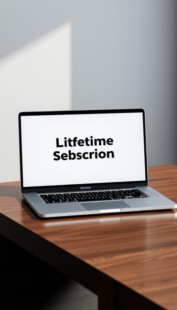 A sleek, modern laptop displaying a lifetime subscription plan for the Hoxtoon Provider IPTV service. The screen shows a clean, minimalist interface with a prominent "Lifetime Subscription" banner, highlighting the key feature. The laptop is placed on a stylish wooden desk, with a subtle gray background that creates a professional, sophisticated atmosphere. Soft, directional lighting casts subtle shadows, emphasizing the laptop's design elements. The overall scene conveys a sense of reliability, value, and the convenience of a hassle-free IPTV experience.