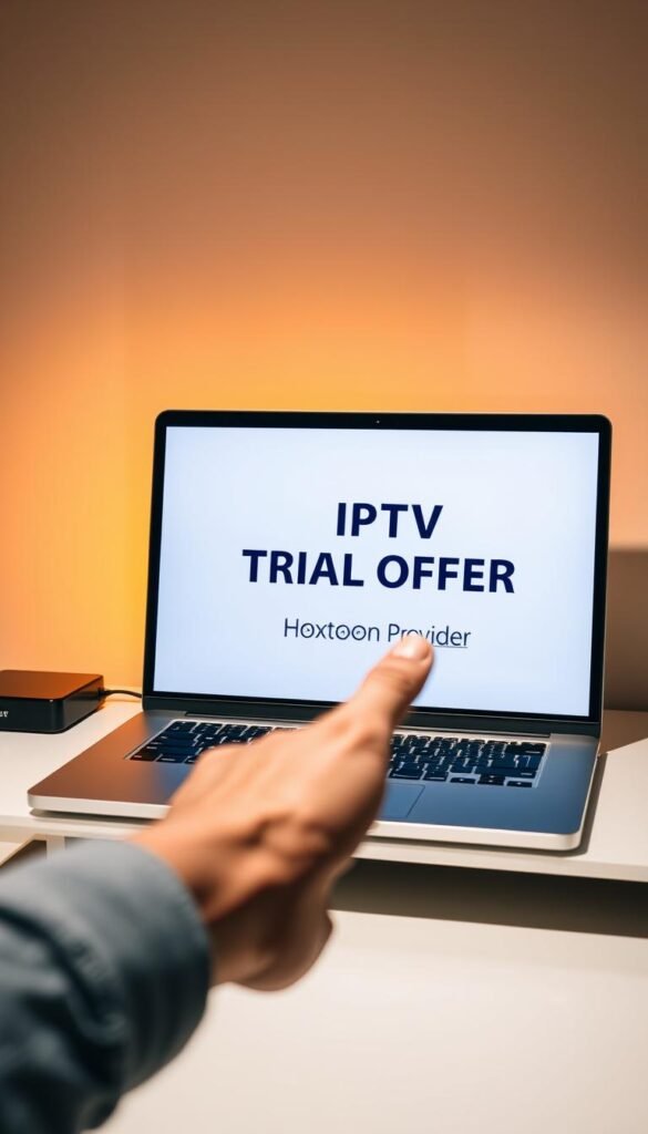 A sleek, modern laptop displaying a prominent "IPTV TRIAL OFFER" message on its screen, set against a minimalist, stylish backdrop. The laptop is positioned on a clean, uncluttered desk, bathed in warm, directional lighting that creates subtle shadows and highlights the device's elegant design. In the foreground, a hand gestures towards the laptop, emphasizing the "Hoxtoon Provider" brand name subtly displayed on the device. The overall scene conveys a sense of professionalism, accessibility, and the excitement of a limited-time IPTV trial offer.