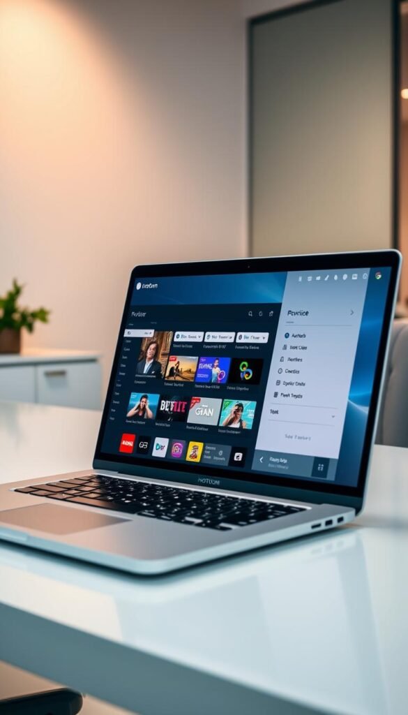 A sleek, modern laptop or desktop computer displaying the Hoxtoon Provider software interface, showcasing the ability to access IPTV services without the need for a traditional set-top box. The scene is well-lit, with a soft, warm lighting that highlights the clean, minimalist design of the device and the vibrant, high-quality visuals on the screen. The background is a neutral, office-like setting, emphasizing the practical, everyday use of this IPTV solution. The overall mood is one of efficiency, simplicity, and the seamless integration of technology into daily life.