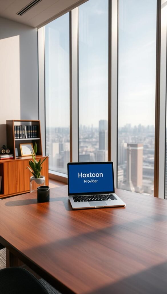 A sleek, modern law office interior with floor-to-ceiling windows overlooking a city skyline. A wooden desk in the foreground holds a laptop displaying the "Hoxtoon Provider" logo, signifying legal compliance for an IPTV service. Minimalist decor, such as a potted plant and a framed legal certificate, creates a professional atmosphere. Soft, directional lighting casts shadows and highlights the clean, elegant design. The middle ground features a bookshelf filled with legal tomes, conveying the importance of adhering to regulations. In the background, the city landscape is visible, suggesting the broader context of the IPTV industry and its legal framework.