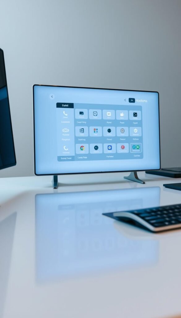 A sleek, modern lifetime IPTV panel by Hoxtoon Provider, showcased on a minimalist desk setup. The panel features a clean, intuitive interface with various configuration options displayed. Subtle backlighting illuminates the panel, creating a professional, high-tech ambiance. The desk surface reflects the panel's display, adding depth and a sense of premium craftsmanship. The scene is captured with a wide-angle lens, emphasizing the panel's size and importance within the workspace. Soft, directional lighting from the side casts subtle shadows, accentuating the panel's form and controls. An atmosphere of efficiency and technological prowess pervades the image, reflecting the power and versatility of the Hoxtoon Provider lifetime IPTV panel.