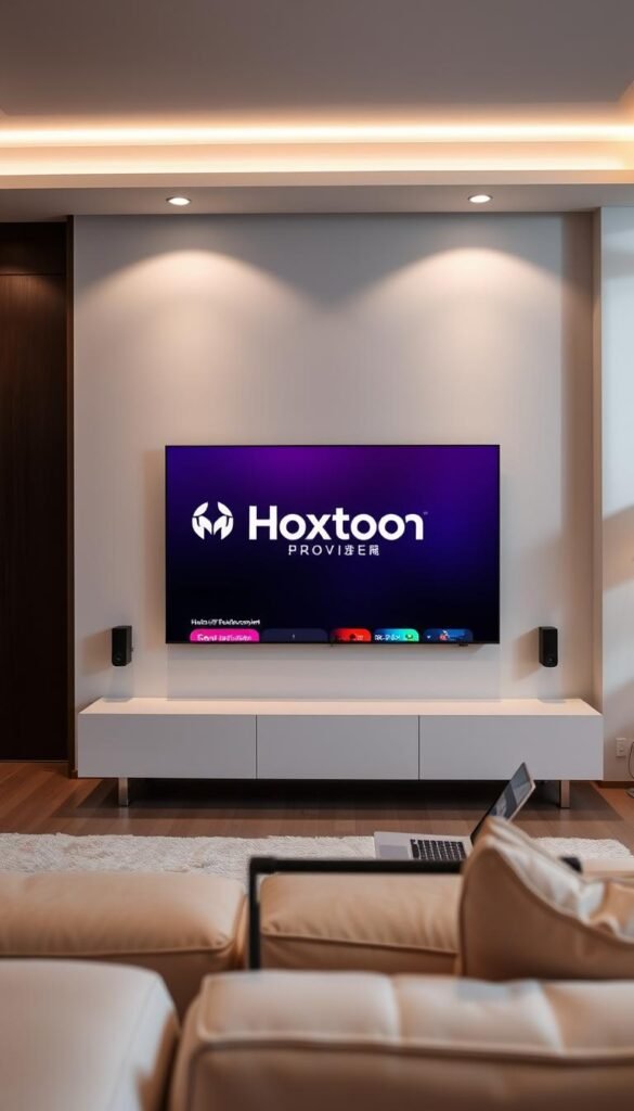 A sleek, modern living room setting with a large, flat-screen TV prominently displayed. The TV screen shows the Hoxtoon Provider logo and interface, showcasing its IPTV streaming capabilities. Soft, indirect lighting creates a cozy, inviting atmosphere. The room features high-end, minimalist furnishings in neutral tones, complementing the sophisticated technology. A laptop or tablet is visible, hinting at the ease of setup and customization. The overall scene conveys the seamless integration of cutting-edge IPTV technology into a stylish, comfortable home environment.