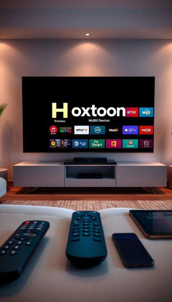 A sleek, modern living room setting with a large, high-definition smart TV prominently displayed. The TV screen showcases the Hoxtoon Provider logo and user interface, highlighting its multi-device compatibility and seamless integration across various platforms. The room is well-lit, with soft, warm lighting that creates a cozy and inviting atmosphere. In the foreground, a selection of remote controls, smartphones, and tablets are arranged, conveying the versatility and ease of use of the Hoxtoon Provider IPTV service. The background features minimalist, contemporary furnishings and decor, emphasizing the service's sophisticated and technologically advanced nature.