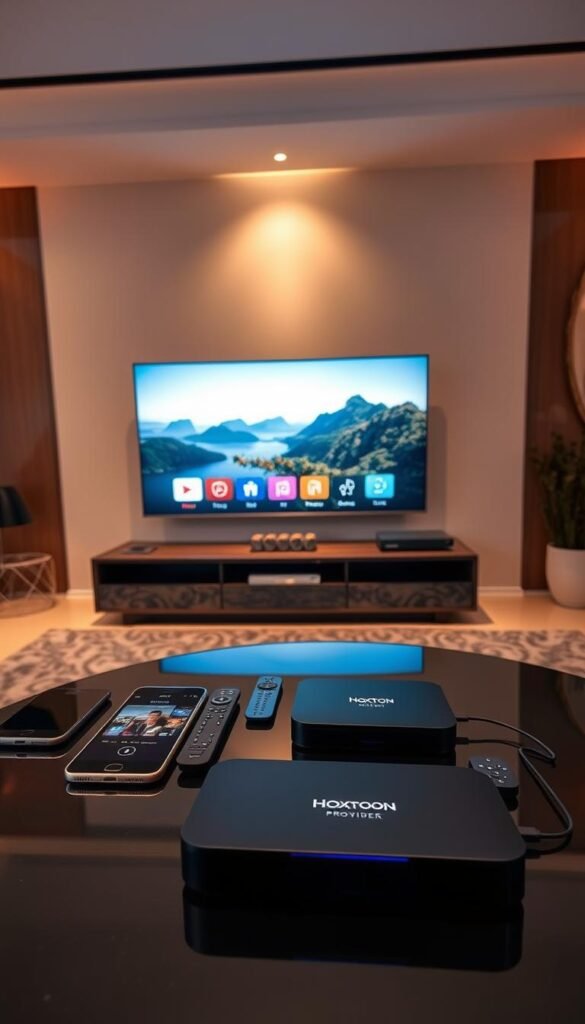 A sleek, modern living room setting with a large, ultra-high-definition television as the centerpiece. In the foreground, several electronic devices, such as smartphones, tablets, and a streaming box, are neatly arranged on a stylish coffee table, showcasing the "Hoxtoon Provider" branding. The devices are connected to the TV, demonstrating the multi-device support capabilities. The lighting is warm and inviting, creating a cozy atmosphere. The background features minimalist decor, emphasizing the technology and connectivity at the heart of the scene. The overall composition conveys a sense of seamless integration and the convenience of accessing high-quality content across multiple devices simultaneously.