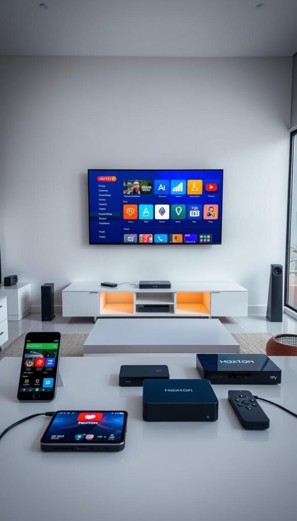 A sleek, modern living room setting with various devices showcasing the Hoxtoon IPTV setup. In the foreground, a large flat-screen TV mounted on the wall displays the Hoxtoon provider's interface, its vibrant colors and clean UI design drawing the eye. Surrounding the TV, an array of devices including a smartphone, tablet, and streaming box are neatly arranged, each connected to the Hoxtoon IPTV service. The middle ground features a minimalist entertainment center with subtle lighting, complementing the contemporary ambiance. In the background, large windows flood the room with natural light, creating a bright and airy atmosphere. The entire scene conveys a sense of effortless technology integration and the versatility of the Hoxtoon IPTV solution across multiple devices.