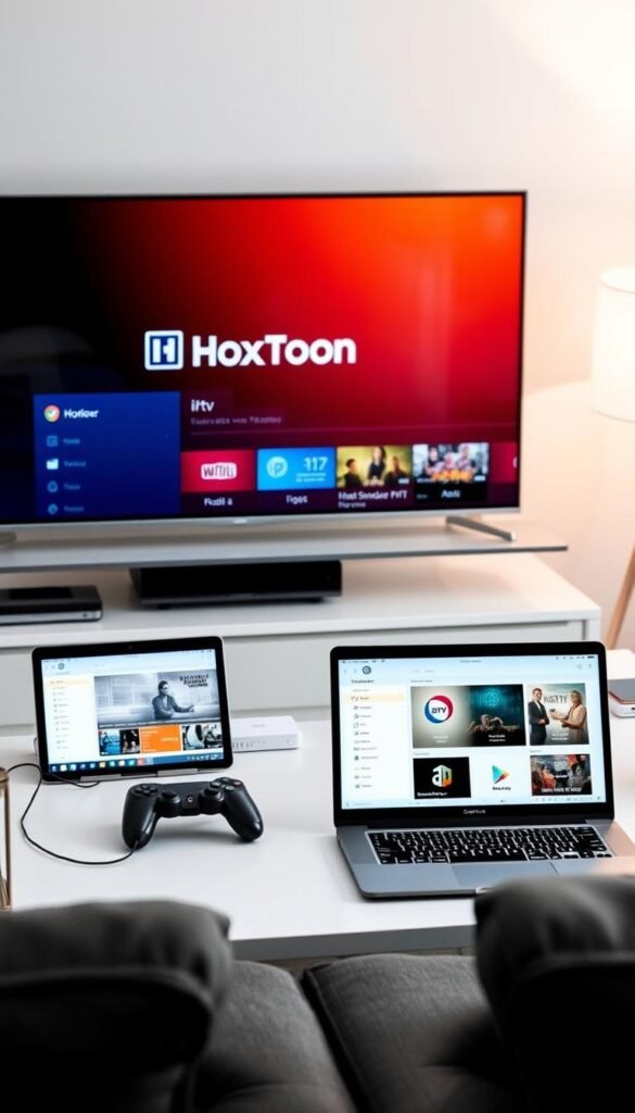 A sleek, modern living room setup showcasing various devices used for IPTV Switzerland services. In the foreground, a smart TV displays the Hoxtoon Provider interface, its minimalist design and vibrant colors capturing the viewer's attention. Nearby, a laptop and tablet are open, each presenting different IPTV platform screens, highlighting the versatility of the Hoxtoon service. The middle ground features a gaming console and a streaming box, seamlessly integrated into the setup. Subtle ambient lighting and a clean, stylish interior design create a sophisticated and inviting atmosphere, emphasizing the seamless integration of IPTV Switzerland into contemporary home entertainment.