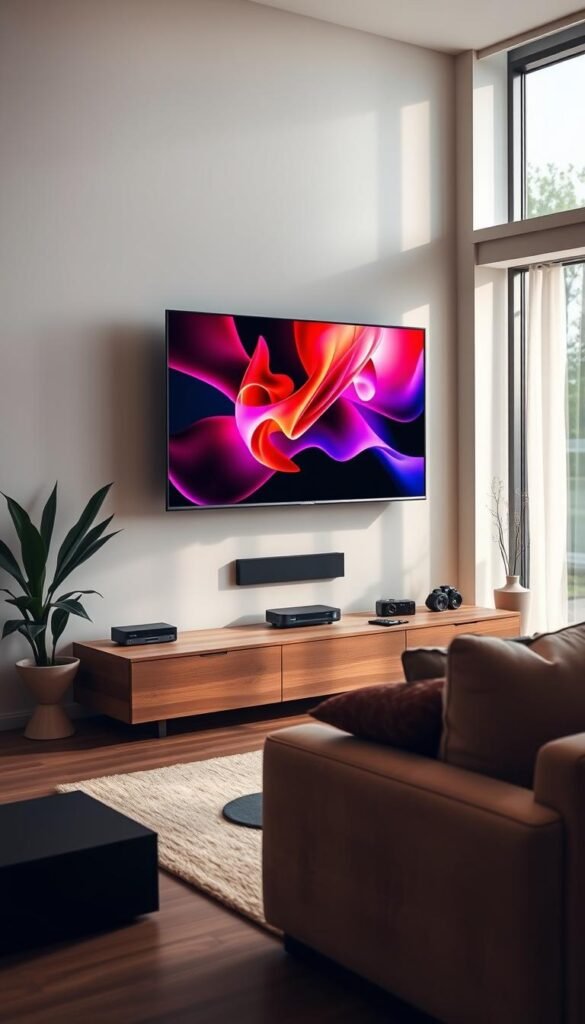 A sleek, modern living room setup with a large flatscreen TV displaying a vibrant, high-definition live TV stream. The TV is mounted on a minimalist, wooden entertainment center, with a Hoxtoon Provider IPTV box discreetly placed nearby. Soft, ambient lighting creates a cozy atmosphere, while large windows allow natural light to pour in, casting a warm glow over the scene. The room is tastefully decorated with neutral-toned furnishings, subtle pops of color, and a plush, inviting sofa where a person might sit and enjoy the extensive content library of over 21,000 channels.