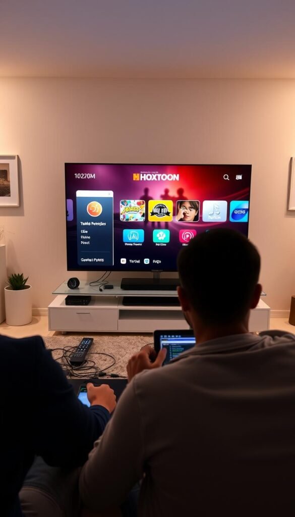 A sleek, modern living room setup with a large, high-definition TV displaying the Hoxtoon Provider IPTV interface. In the foreground, a person is troubleshooting the system, surrounded by various cables, remote controls, and a laptop displaying diagnostic information. The room is well-lit, with soft, warm lighting creating a cozy atmosphere. The walls feature minimalist decor, hinting at a stylish, tech-savvy environment. The overall scene conveys a sense of problem-solving and the challenges associated with setting up and maintaining a premium IPTV4K service.