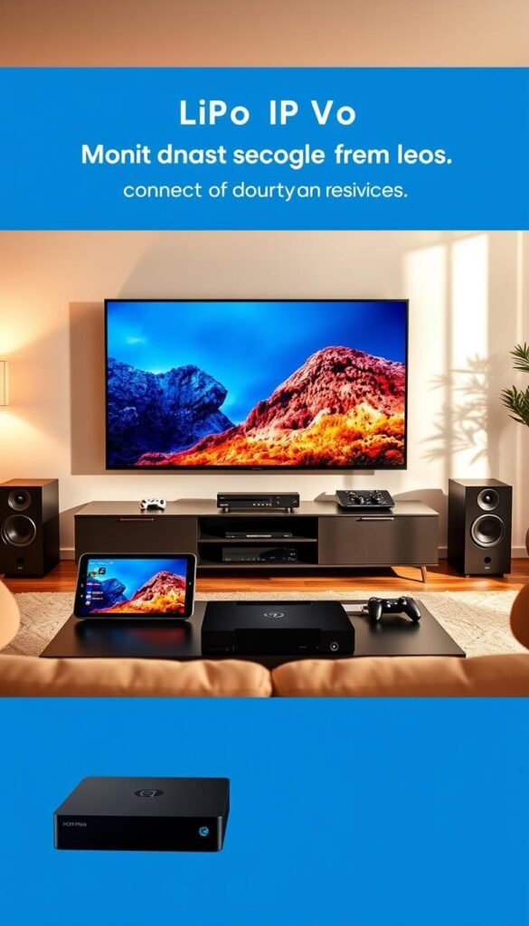 A sleek, modern living room setup with multiple devices showcasing Hoxtoon Provider's IPTV service. In the foreground, a large flat-screen TV takes center stage, its screen displaying a vibrant, high-definition image. Surrounding the TV are various compatible devices, such as a tablet, smartphone, and gaming console, all seamlessly connected and providing a consistent IPTV experience across the household. The room is bathed in warm, natural lighting, creating a cozy and inviting atmosphere. The overall scene conveys the ease and convenience of Hoxtoon Provider's multi-device IPTV support, catering to the diverse entertainment needs of a modern family.