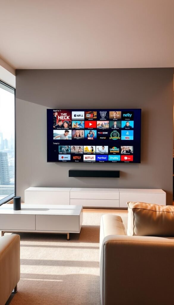 A sleek, modern living room showcases a large, high-definition television mounted on the wall. On the screen, a diverse array of IPTV channels from the Hoxtoon Provider service displays a vibrant, dynamic interface showcasing the best of British television content. The room is bathed in warm, diffused lighting, creating a cozy and inviting atmosphere. In the foreground, a high-end, minimalist entertainment system with clean lines and a sophisticated design complements the room's decor. The middle ground features comfortable, contemporary furniture, inviting viewers to relax and enjoy the premium IPTV experience. In the background, large windows offer a glimpse of a bustling urban skyline, highlighting the access to exclusive UK content available through the Hoxtoon Provider service.