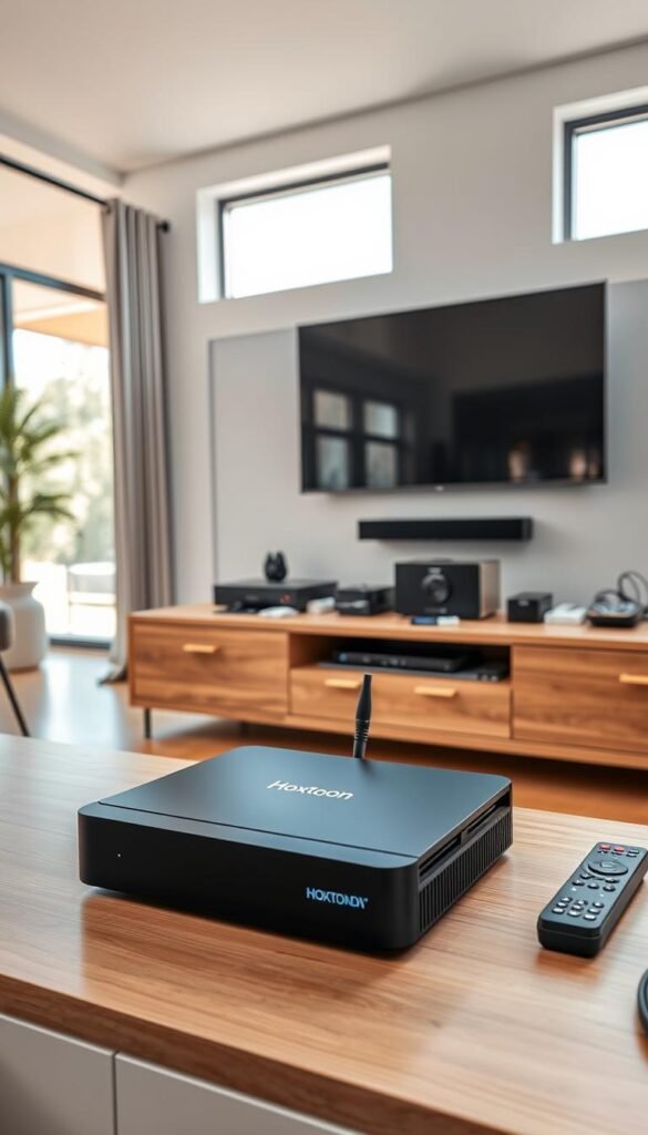 A sleek, modern living room showcases an array of IPTV streaming devices on a minimalist wooden TV stand. In the foreground, a slim black Hoxtoon Provider box sits prominently, its clean lines and LED indicator lights conveying its high-tech capabilities. Surrounding it are various remote controls, cables, and other accessories, neatly organized to suggest the seamless integration of these devices. The middle ground features a large, high-definition flat-screen TV mounted on the wall, casting a warm glow throughout the space. In the background, large windows allow natural light to flood the room, creating a bright, airy atmosphere. The overall scene conveys the ease and flexibility of IPTV streaming, ready to enhance the viewer's entertainment experience.