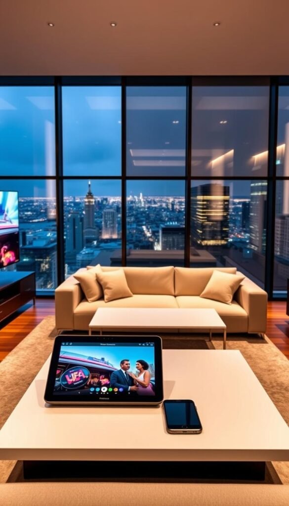 A sleek, modern living room showcases the multi-device compatibility of the Hoxtoon Provider. In the foreground, a large, high-definition television displays vivid, crisp visuals, while a tablet and smartphone rest on a minimalist coffee table, seamlessly connected to the Hoxtoon service. The middle ground features a cozy, well-lit seating area, with warm, ambient lighting casting a soft glow. In the background, large windows offer a panoramic view of a bustling city skyline, reflecting the urban, sophisticated atmosphere. The scene conveys the ease and flexibility of accessing Hoxtoon's content across a variety of devices, catering to the modern, tech-savvy household.