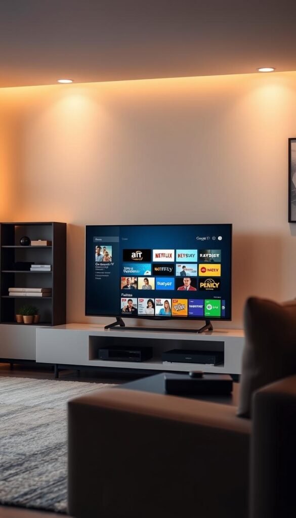 A sleek, modern living room with a Google TV device prominently displayed on a minimalist TV stand. The screen shows the Hoxtoon Provider IPTV service interface, featuring a clean and intuitive design with a variety of on-demand content and live TV channels. The room is bathed in warm, soft lighting, creating a cozy and inviting atmosphere. The camera angle is slightly elevated, capturing the scene from an eye-level perspective, emphasizing the seamless integration of the IPTV service into the Google TV setup. The overall image conveys the ease and convenience of accessing a wide range of entertainment options through the Hoxtoon Provider IPTV service on the Google TV platform.