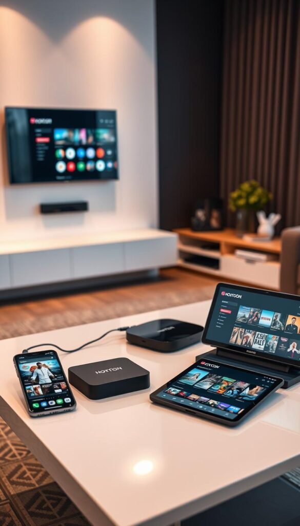 A sleek, modern living room with a flat-screen TV mounted on the wall. On the coffee table, a selection of various devices - a smartphone, a tablet, and a streaming box - all connected to a Hoxtoon IPTV service. The devices are arranged neatly, and the screen of each device displays the Hoxtoon IPTV interface, showcasing the vast content library and intuitive navigation. The room is bathed in warm, soft lighting, creating a cozy and inviting atmosphere. The overall scene conveys the ease and convenience of setting up and enjoying IPTV across multiple devices in a comfortable home environment.