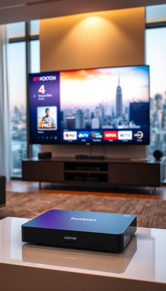 A sleek, modern living room with a large 4K television displaying a vibrant, crystal-clear IPTV interface. The room is bathed in warm, ambient lighting, creating a cozy and inviting atmosphere. In the foreground, a Hoxtoon Provider set-top box sits prominently on a minimalist media console, its clean lines and subtle branding complementing the room's design. The middle ground showcases a variety of streaming service icons, hinting at the diverse content available through the 4K IPTV service. In the background, a floor-to-ceiling window offers a panoramic view of a bustling city skyline, emphasizing the high-quality, immersive viewing experience.