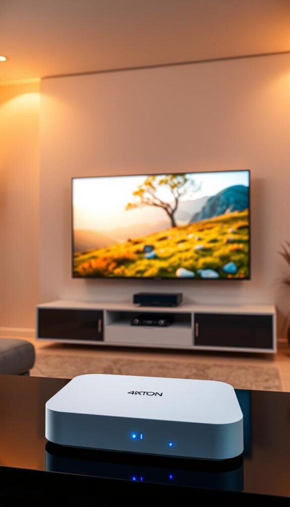 A sleek, modern living room with a large 4K television mounted on the wall. The room is bathed in warm, soft lighting, creating a cozy and inviting atmosphere. In the foreground, a Hoxtoon Provider IPTV streaming device sits on a minimalist entertainment center, its clean design and LED indicator lights prominently displayed. The television screen displays a vibrant, high-quality 4K nature scene, showcasing the exceptional visual fidelity of the IPTV service. The overall scene conveys the idea of a revolutionized home entertainment experience, where cutting-edge technology and stunning 4K visuals converge to provide an immersive and captivating viewing experience.