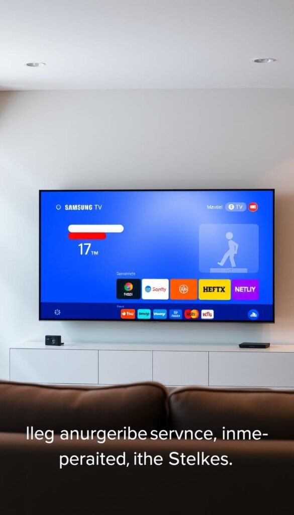 A sleek, modern living room with a large Samsung television prominently displayed. The television screen shows the Hoxtoon Provider IPTV app interface, showcasing its clean design and intuitive navigation. Soft, diffused lighting creates a warm, inviting atmosphere, highlighting the premium aesthetics of the Samsung TV. The room is minimalist, with subtle decor elements that complement the technology. The overall scene conveys a sense of legal compliance and responsible IPTV service usage in the United States.