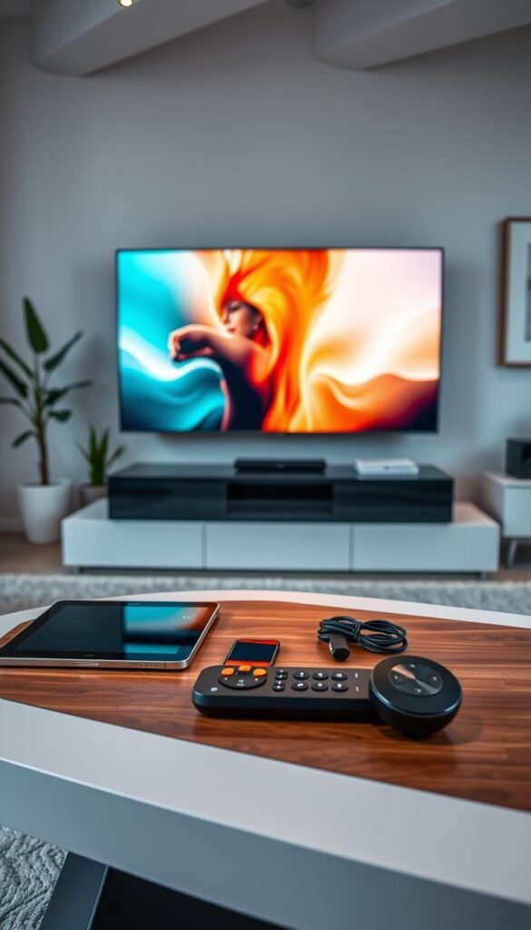 A sleek, modern living room with a large TV and various electronic devices showcasing the Hoxtoon Provider IPTV free trial. In the foreground, a stylish coffee table displays a tablet, smartphone, and remote control, all connected to the IPTV service. The middle ground features the TV, showing a vibrant, high-definition display. The background is filled with minimalist decor, such as a potted plant and modern artwork, creating a warm, inviting atmosphere. The lighting is soft and natural, highlighting the seamless integration of the IPTV technology into the living space.