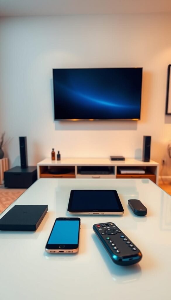 A sleek, modern living room with a large TV mounted on the wall. On a glass-top coffee table in the foreground, a selection of various devices - a smartphone, a tablet, and a remote control - are arranged neatly, showcasing the multi-device capabilities of the Hoxtoon Provider IPTV service. The room is bathed in warm, diffused lighting, creating a cozy and inviting atmosphere. The walls are adorned with minimalist decor, emphasizing the technological focus of the scene. In the background, a subtle gradient of soft blues and grays sets the tone for a seamless, integrated entertainment experience across multiple devices.