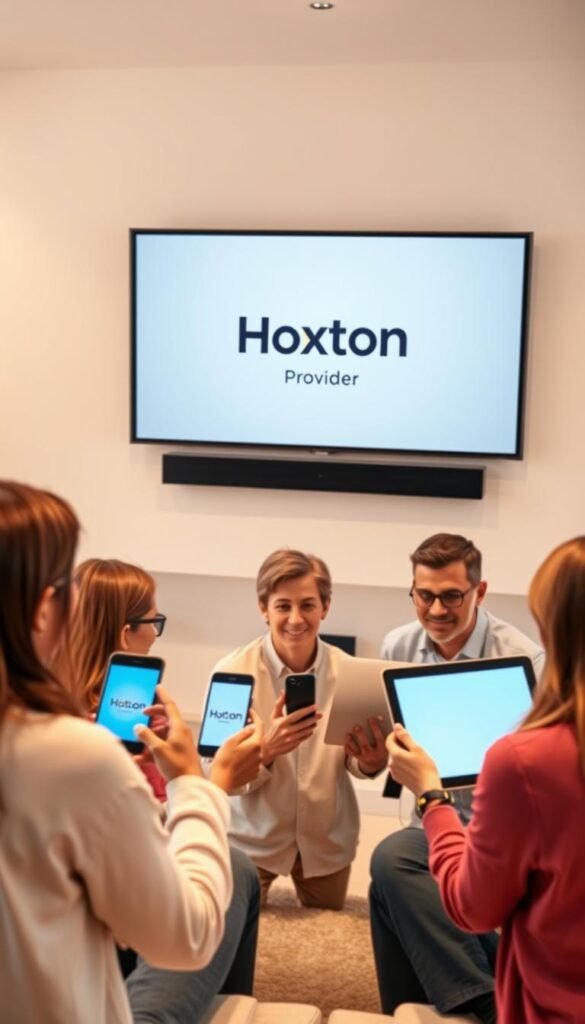 A sleek, modern living room with a large TV mounted on the wall. On the TV screen, the Hoxtoon Provider logo is prominently displayed, indicating a multi-device streaming setup. In the foreground, several people of diverse ages and backgrounds are gathered, each holding a different device - a smartphone, a tablet, a laptop - all seamlessly connected to the Hoxtoon service. The lighting is soft and warm, creating a cozy, inviting atmosphere. The room is decorated with minimalist, high-tech furnishings, suggesting a futuristic, yet accessible, technological environment. The overall scene conveys the ease and convenience of Hoxtoon's multi-device streaming capabilities.