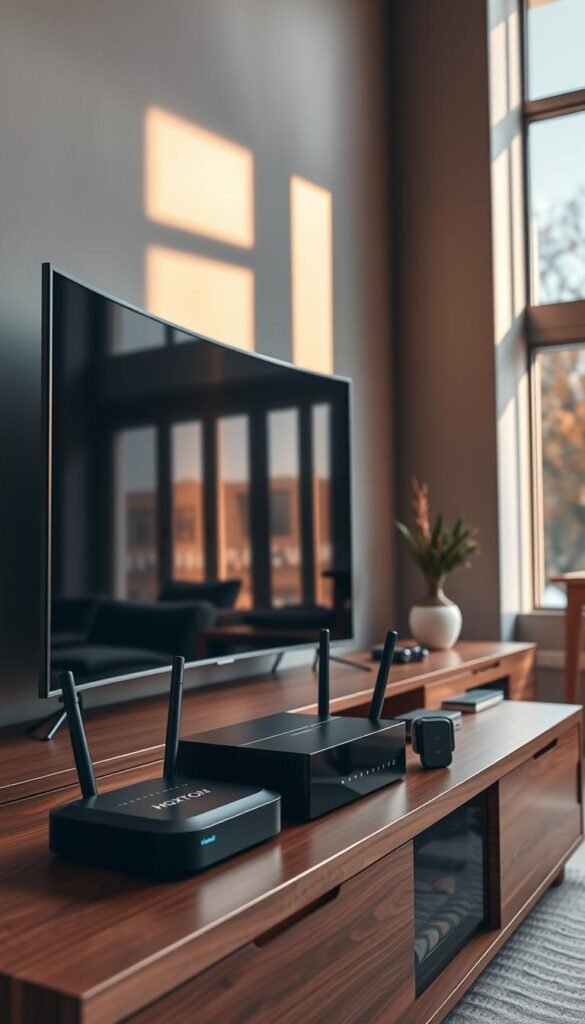 A sleek, modern living room with a large, curved HDTV and a selection of IPTV devices, including a Hoxtoon Provider streaming box, a wireless IPTV router, and a compact IPTV dongle, all neatly arranged on a minimalist, wooden entertainment center. The room is bathed in warm, natural lighting from large windows, creating a cozy and inviting atmosphere. The devices are showcased against a neutral, gray wall, drawing the viewer's attention to the cutting-edge technology that represents the future of television.